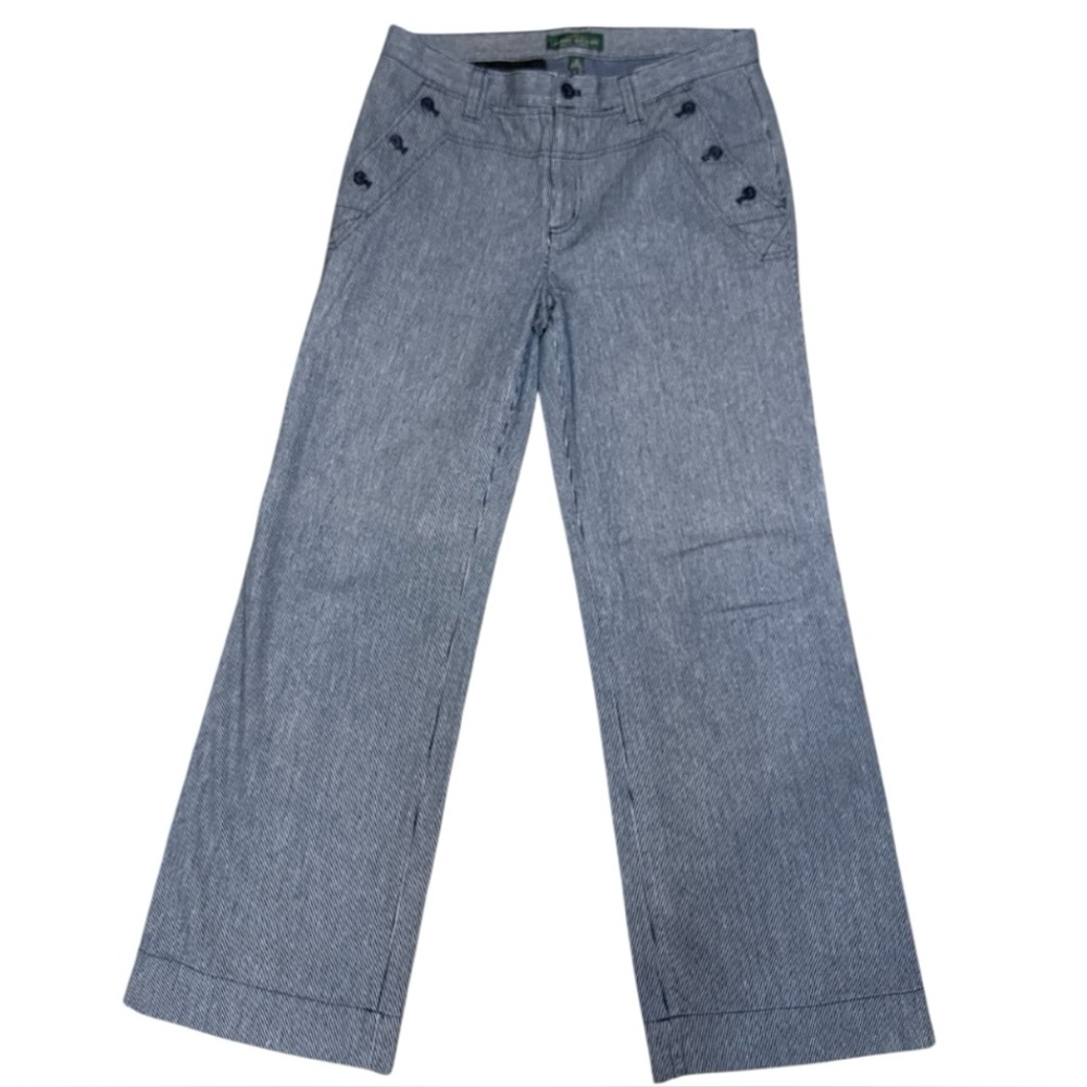 LRL Ralph Lauren Blue Pinstripe Denim Nautical Wide-Leg Pocket Pants Women’s 12